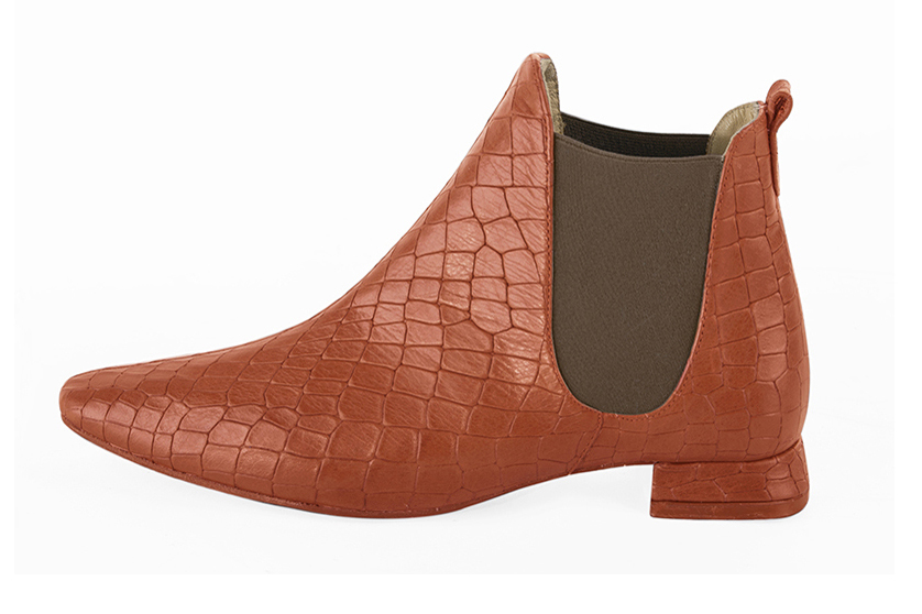 Terracotta orange and taupe brown women's ankle boots, with elastics. Square toe. Flat flare heels. Profile view - Florence KOOIJMAN